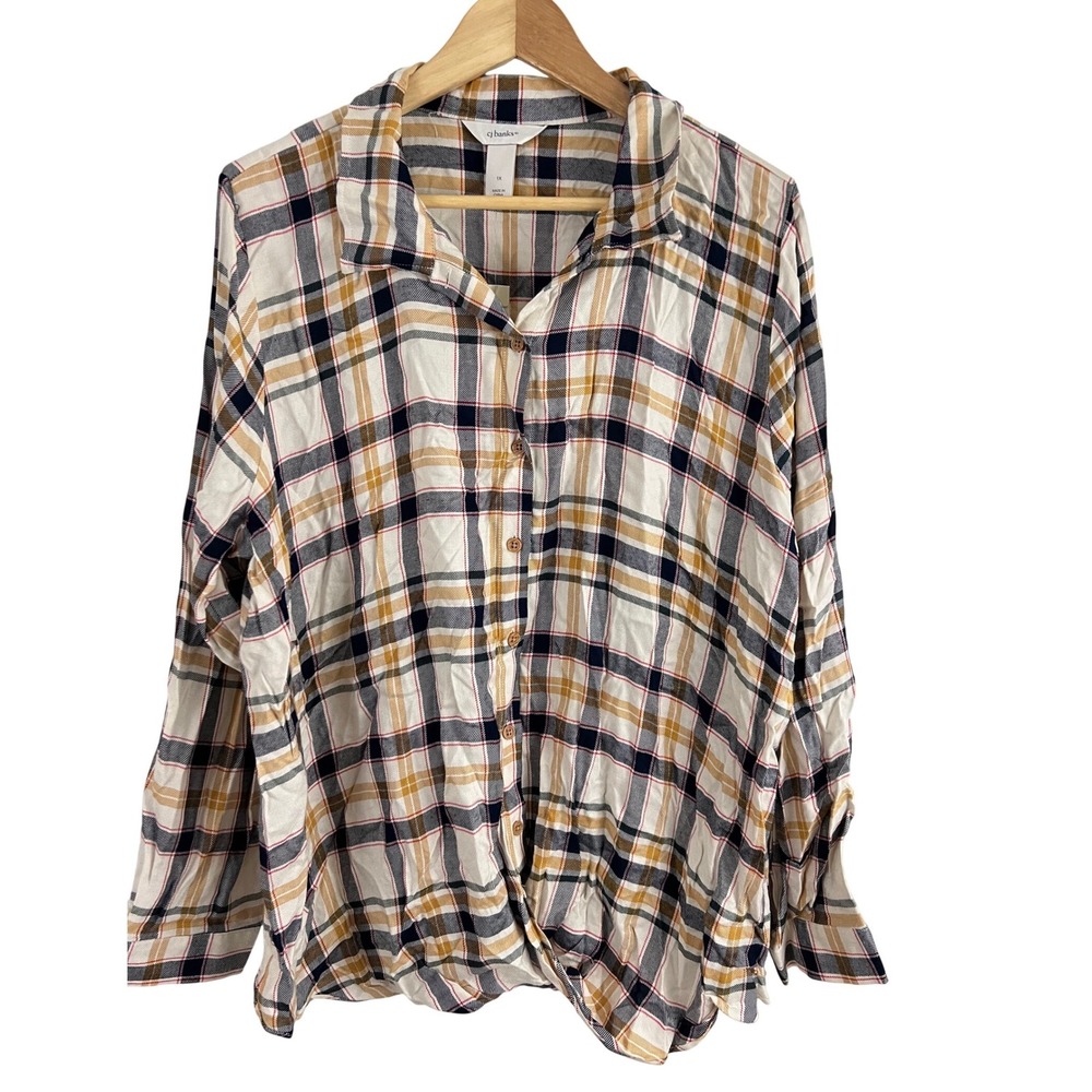 CJ‎ Banks Plaid Button Down Top Women 1X Long Sleeve Twist Front
